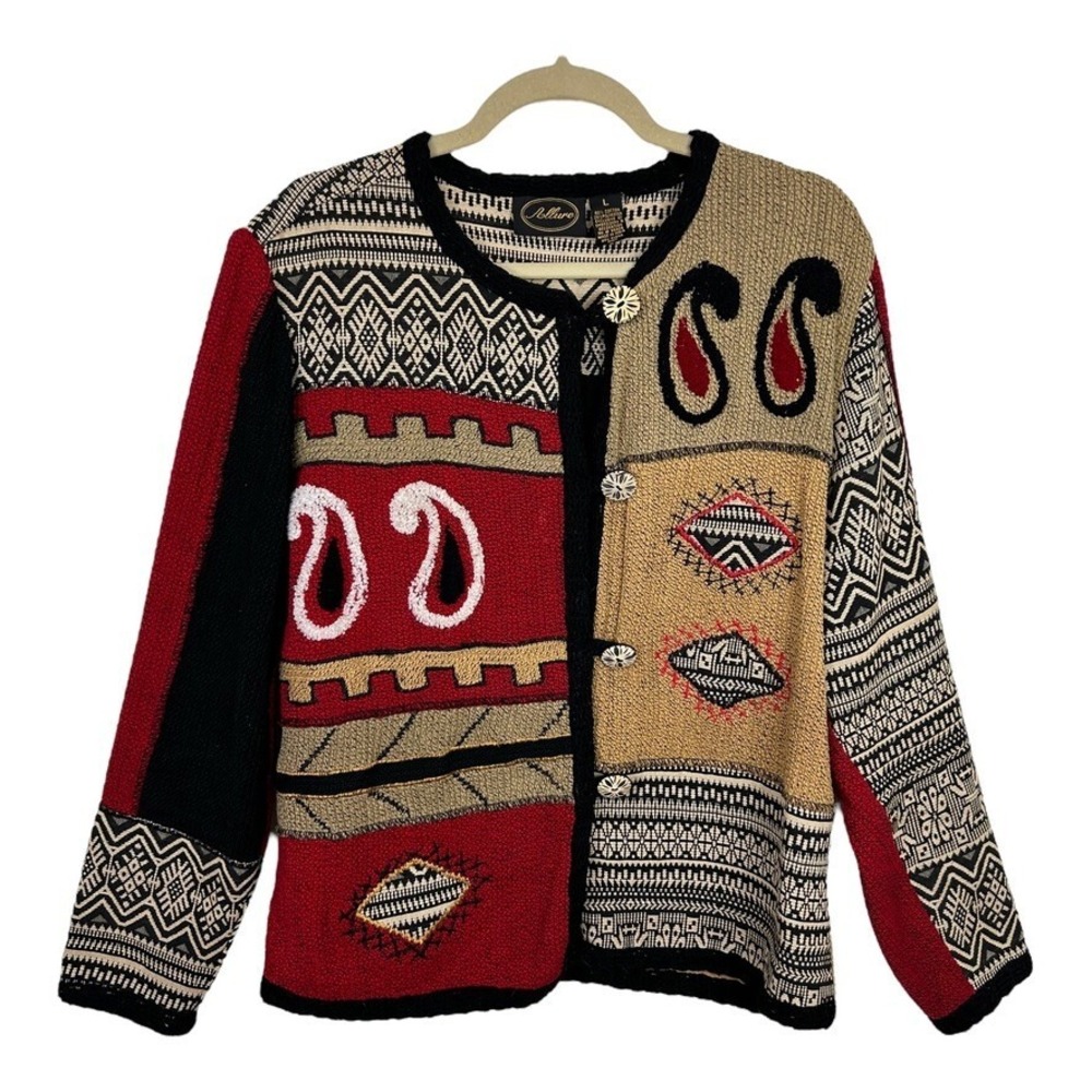 VINTAGE Allure Women's Mixed Media Cardigan L Multicolor Artsy Unique Lagenlook